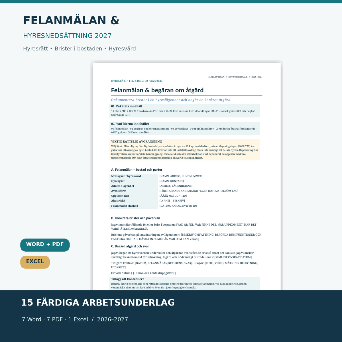 Felanmälan och hyresnedsättning i hyresrätt Word PDF Excel 2027 – förhandsvisning av huvudbrev