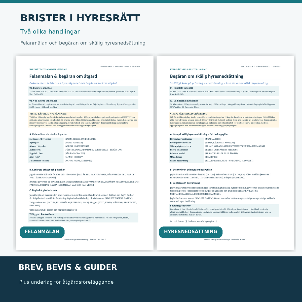Felanmälan till hyresvärd och separat begäran om skälig hyresnedsättning i Word och PDF