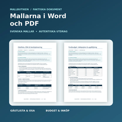 Verkliga mallar för gästlista och festbudget i Word och sökbar PDF