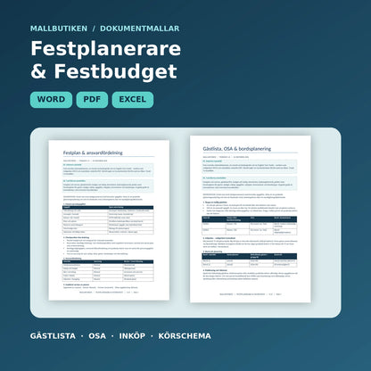 Festplanerare och festbudget med verklig Wordförhandsvisning, gäster, OSA och körschema