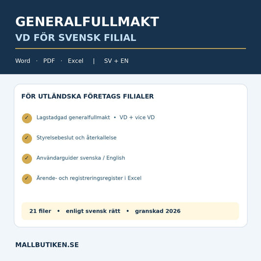 Generalfullmakt VD i svensk filial – svenska och engelska Word PDF Excel mallar
