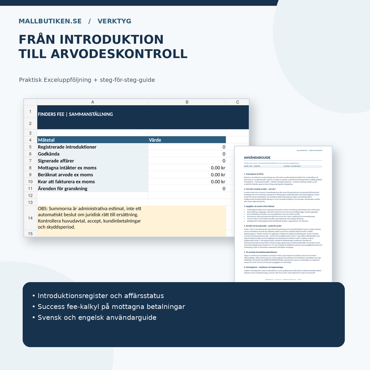 Excel introduktionsregister och success fee-kalkyl med svenska och engelska användarguider