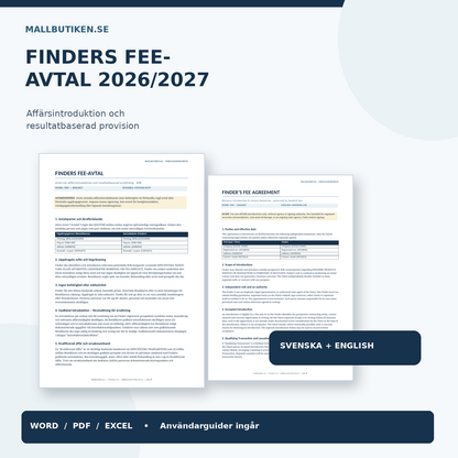 Finders fee-avtal 2026/2027 Word PDF Excel svenska och engelska