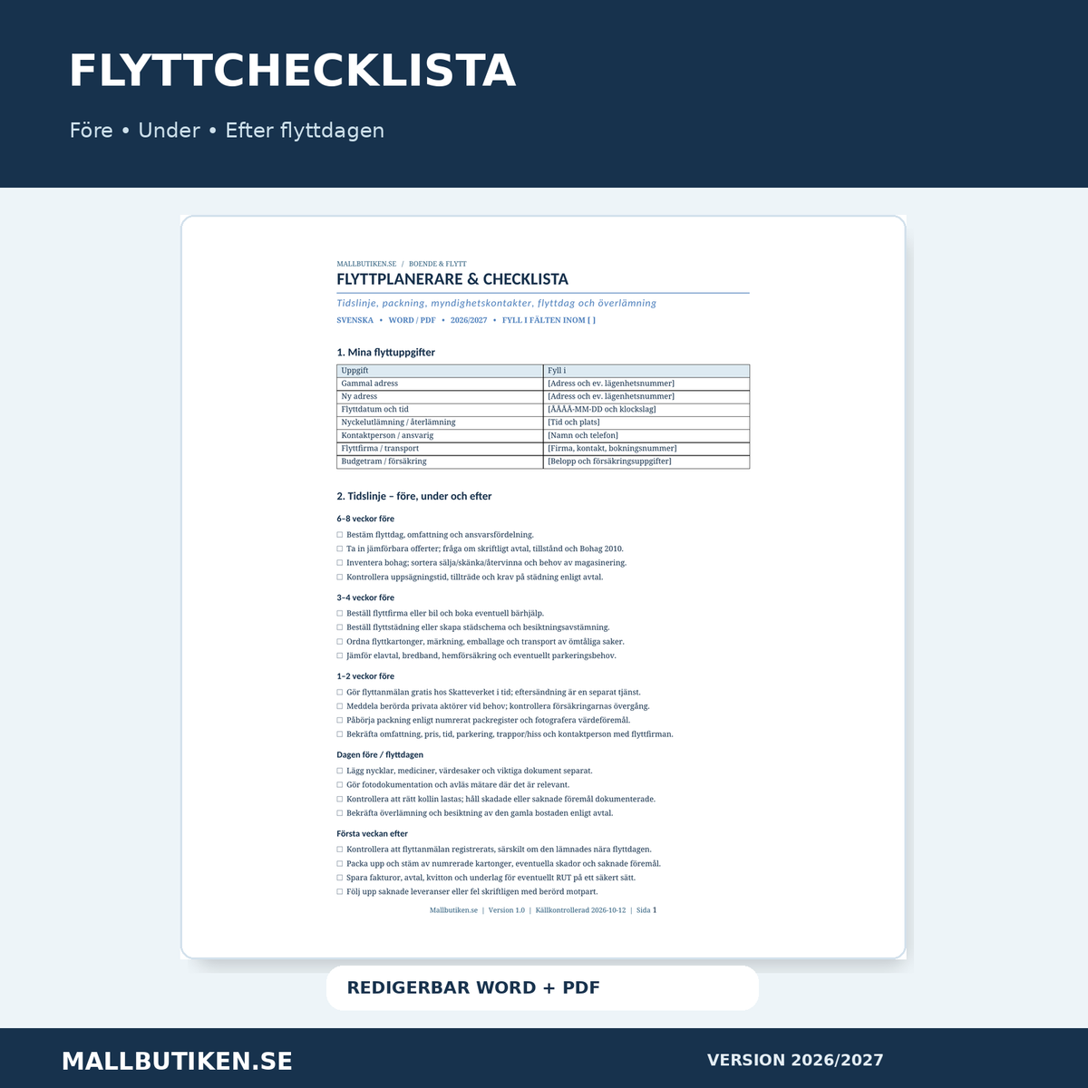 Flyttchecklista i Word och PDF – före under efter flytten