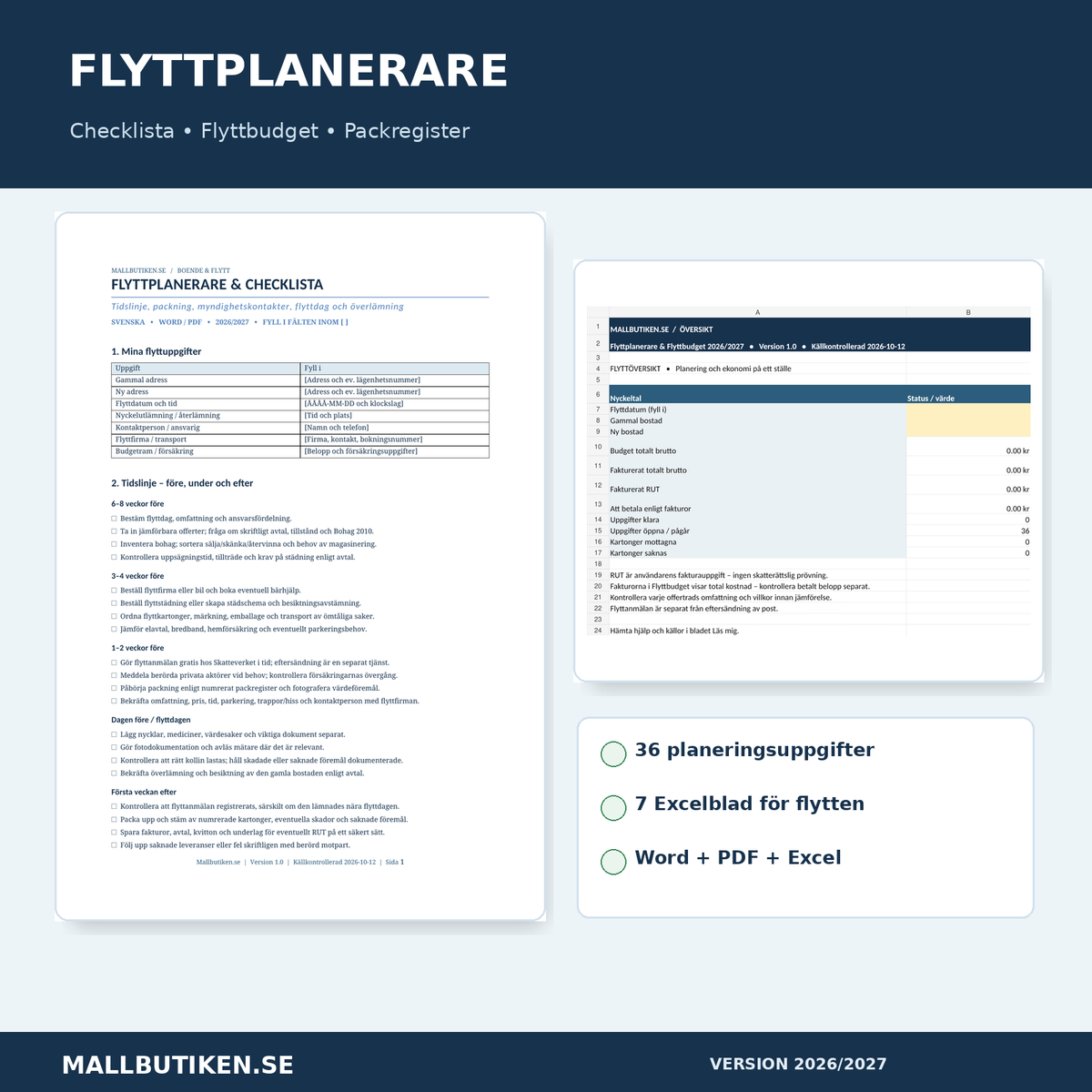 Flyttplanerare och flyttbudget 2026/2027 – digitalt paket i Excel Word PDF