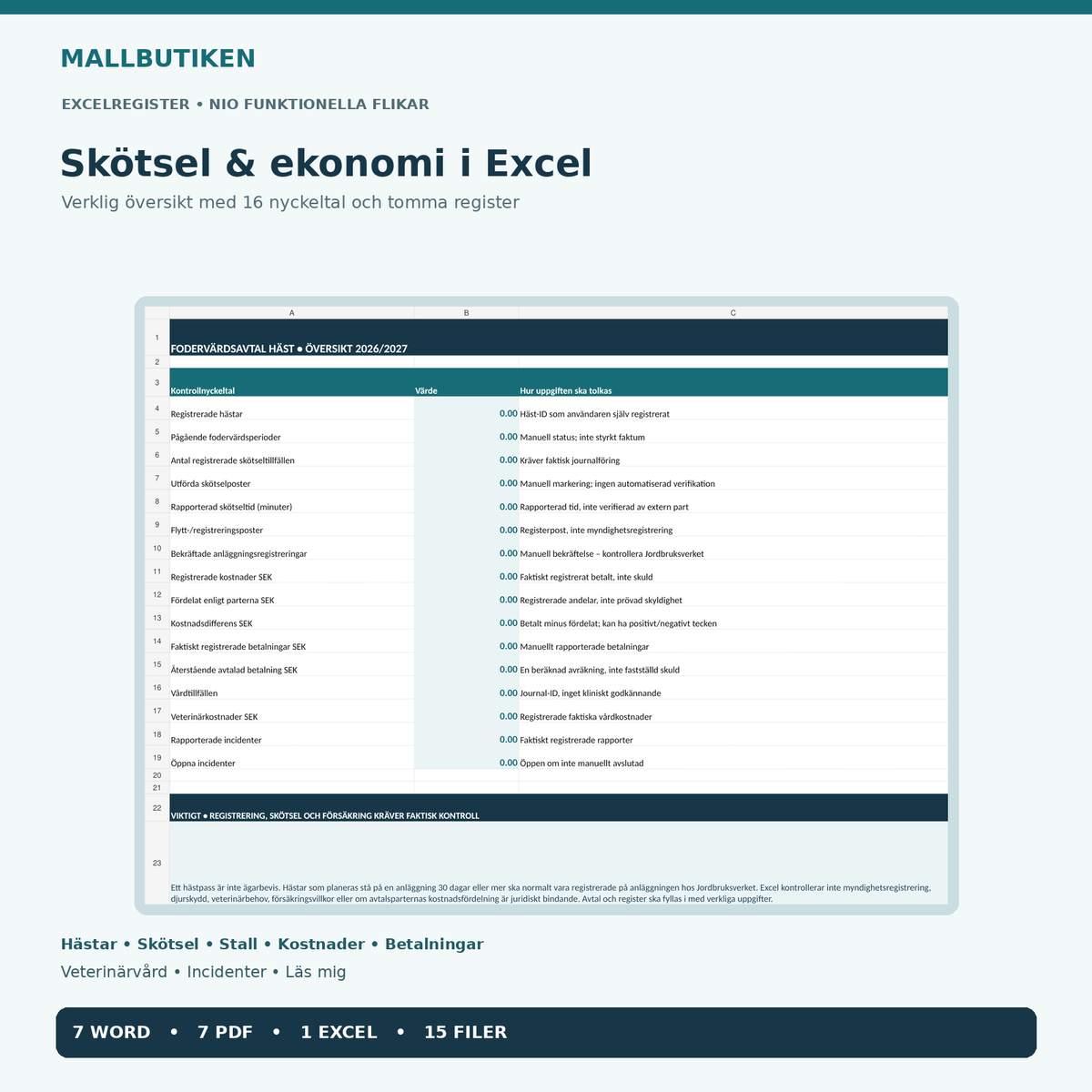 Excel för fodervärdsavtal häst med nio flikar, 16 nyckeltal och verkliga formulär