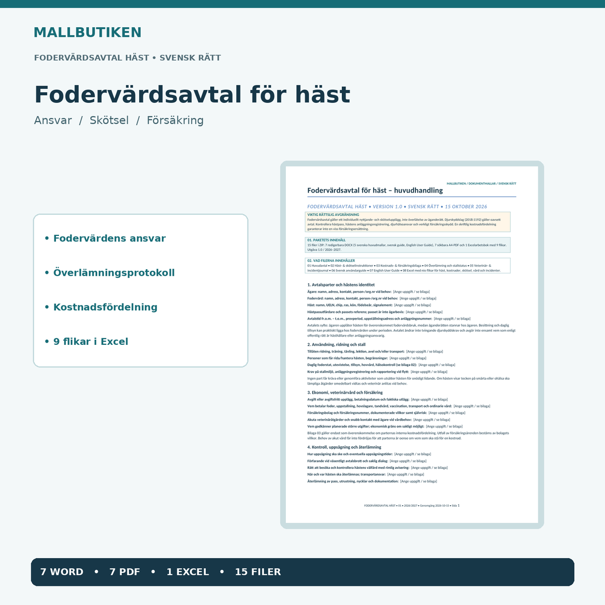 Fodervärdsavtal för häst 2026/2027, Word PDF Excel, verklig mallförhandsvisning