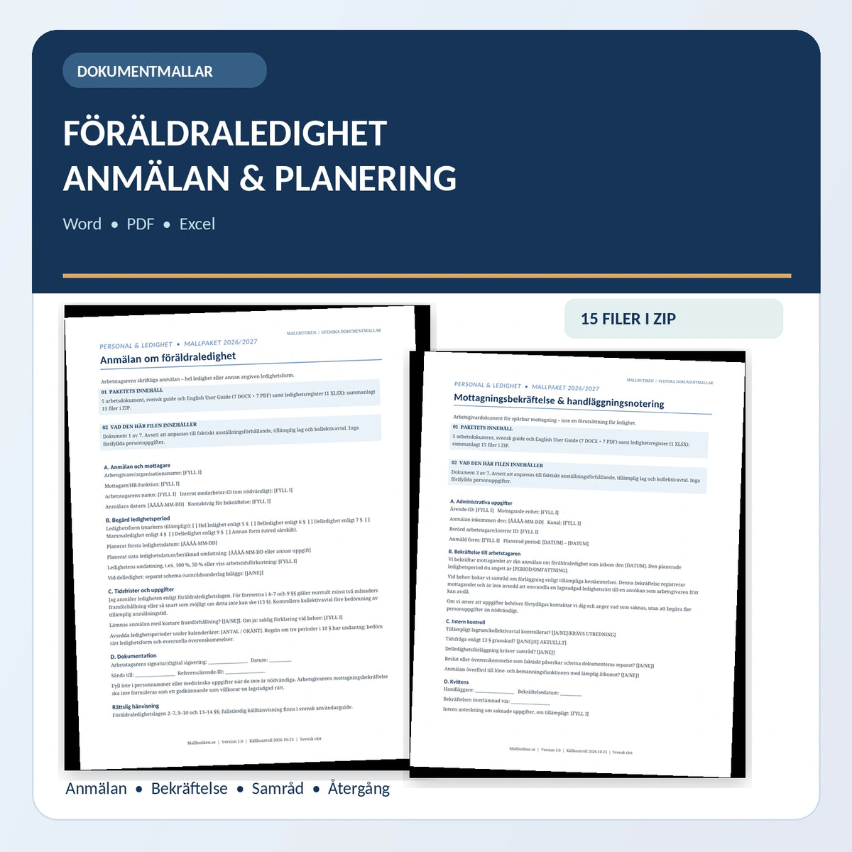 Föräldraledighetsanmälan och ledighetsplanering – Word PDF Excel
