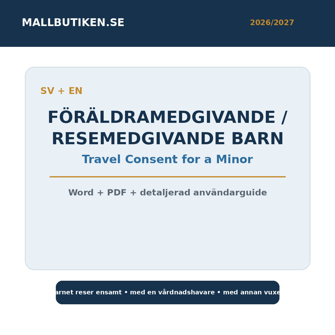 Föräldramedgivande resemedgivande barn 2026/2027 svenska engelska Word PDF