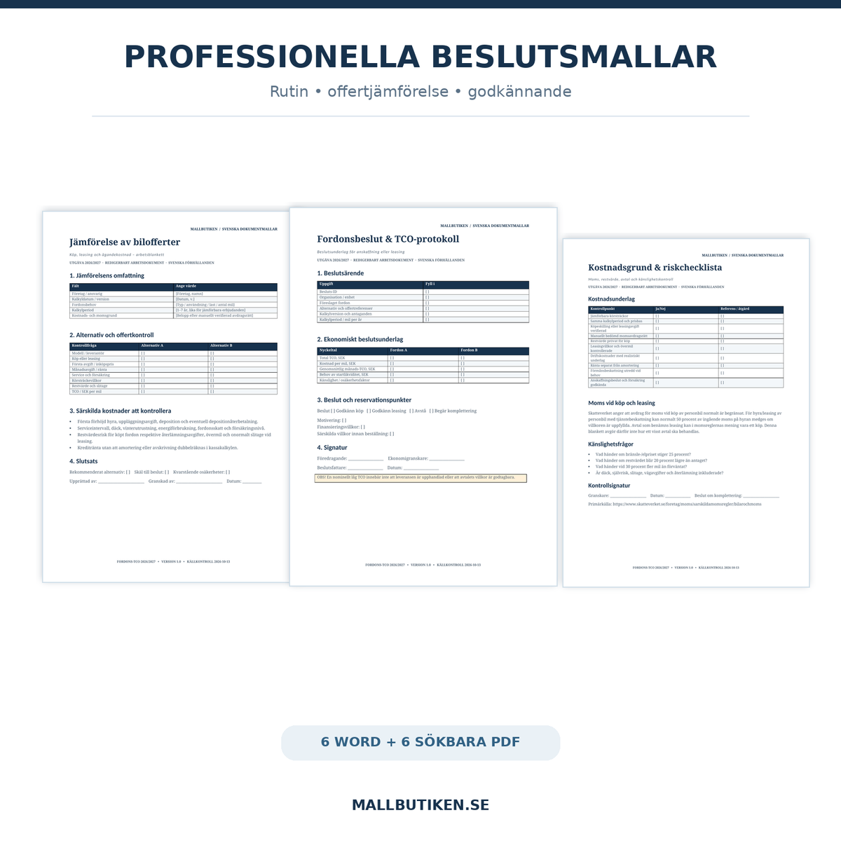 Offertjämförelse, kostnadskontroll och fordonsbeslut i Word och PDF