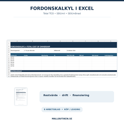 Excelmall för bilkostnad per mil och bil TCO med sex alternativ och sju år