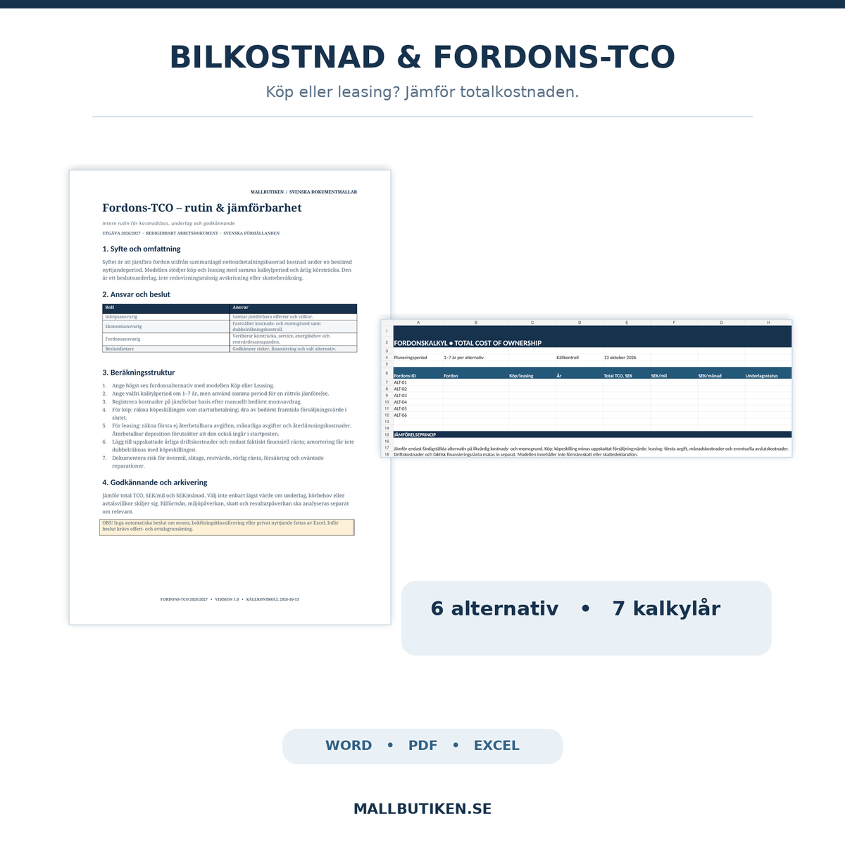 Bilkostnadskalkyl och Fordons TCO 2026/2027 – köp jämfört med leasing, Word PDF Excel