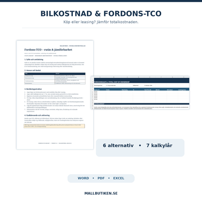 Bilkostnadskalkyl och Fordons TCO 2026/2027 – köp jämfört med leasing, Word PDF Excel