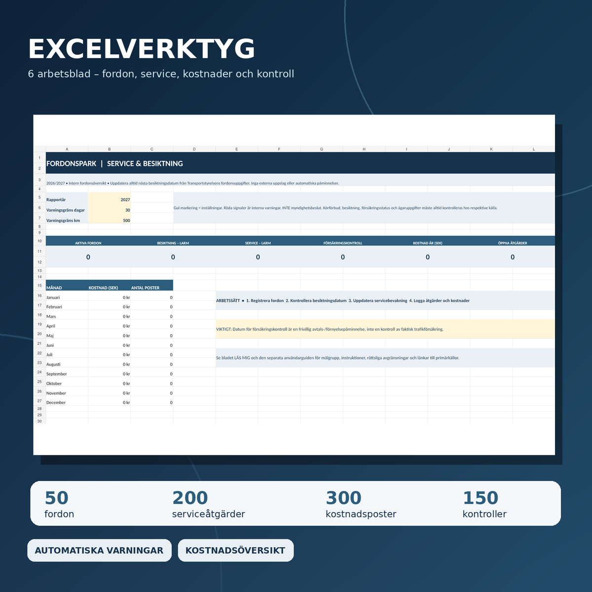 Excelbaserat fordonsregister med 6 kalkylblad dashboard besiktning service kostnader