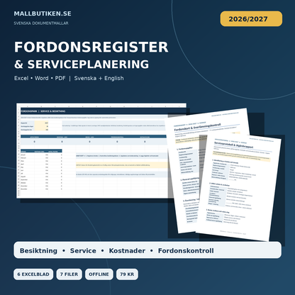 Fordonsregister och serviceplanering Excel Word PDF för företag 2026 2027
