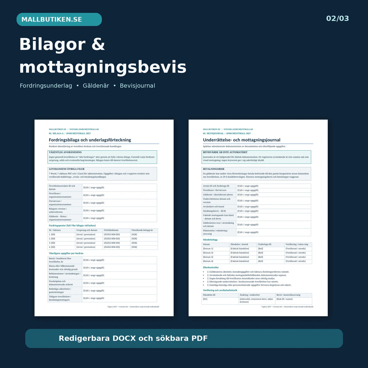 Förhandsvisning av fordringsbilaga, underrättelse och bevisjournal i Word och PDF