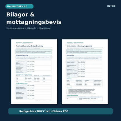 Förhandsvisning av fordringsbilaga, underrättelse och bevisjournal i Word och PDF