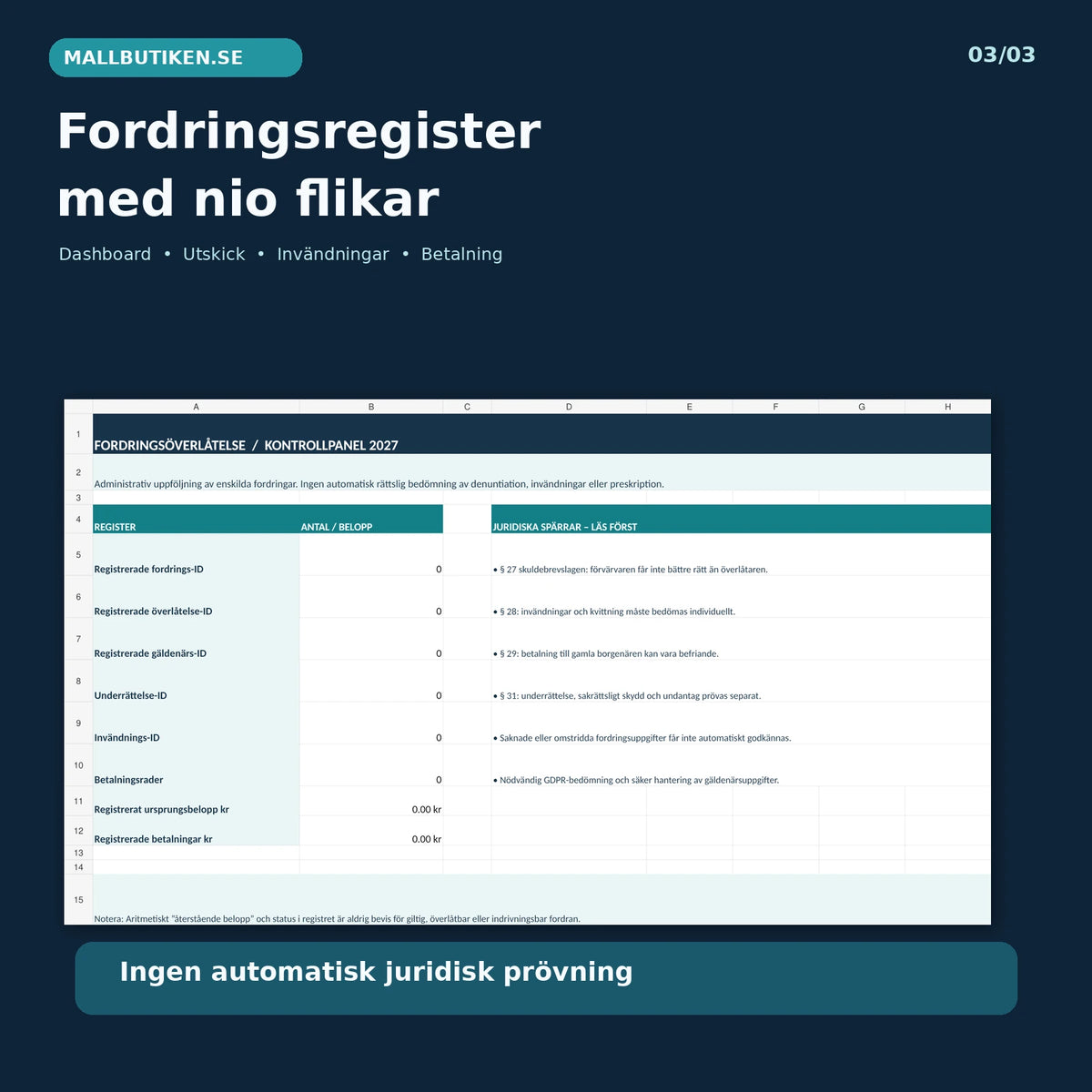 Excelregister för fordringsöverlåtelse 2027 med nio flikar och dashboard utan automatisk juridisk prövning