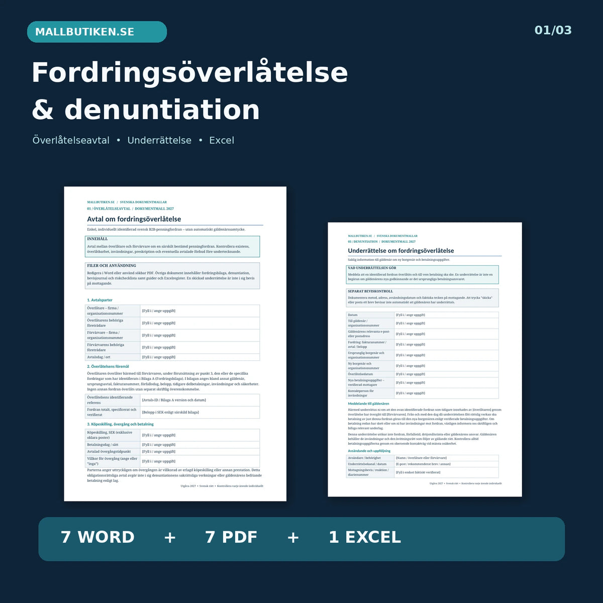 Fordringsöverlåtelse och denuntiation 2027 – verkligt avtal och underrättelse med 7 Word, 7 PDF och 1 Excel