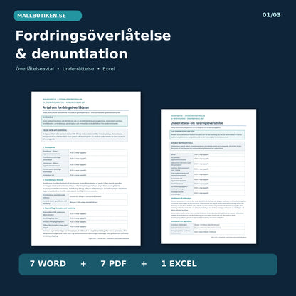 Fordringsöverlåtelse och denuntiation 2027 – verkligt avtal och underrättelse med 7 Word, 7 PDF och 1 Excel