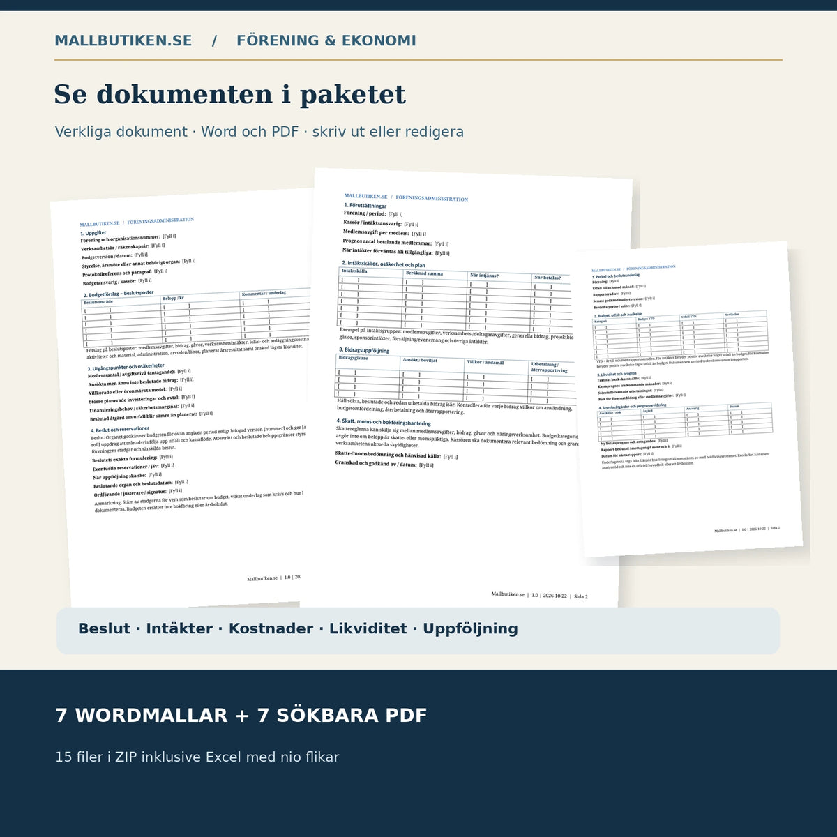 Förhandsvisning av redigerbar föreningsbudget, intäktsplan och budgetuppföljningsmall