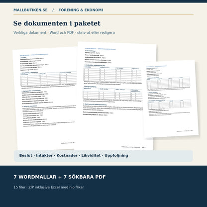 Förhandsvisning av redigerbar föreningsbudget, intäktsplan och budgetuppföljningsmall