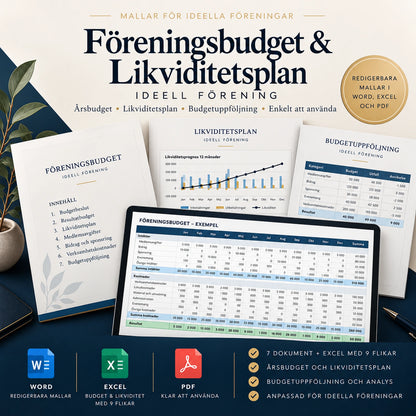 Föreningsbudget och likviditetsplan ideell förening Word PDF Excel, årsbudget och budgetuppföljning
