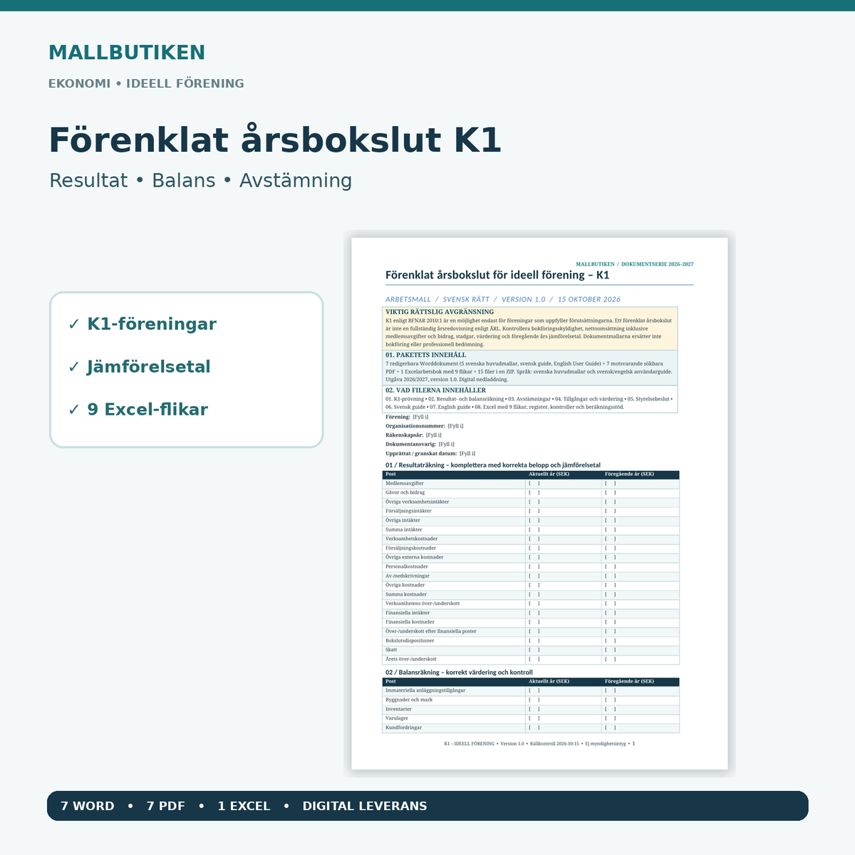 Förenklat årsbokslut K1 för ideell förening – huvudmall Word PDF Excel