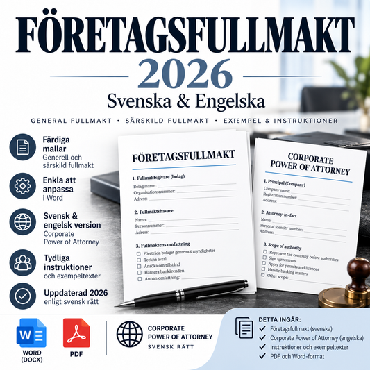 Företagsfullmakt mallpaket 2026 – svenska och engelska – Word och PDF