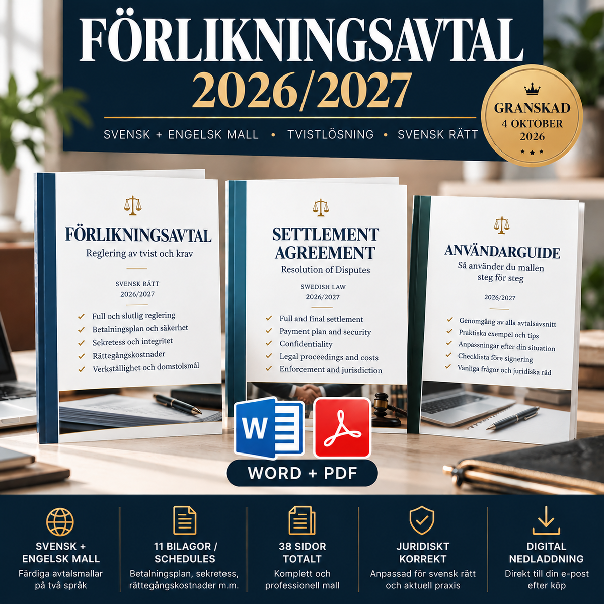 Förlikningsavtal mallpaket 2026/2027 i Word och PDF på svenska och engelska enligt svensk rätt