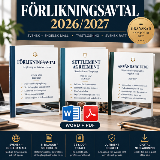 Förlikningsavtal mallpaket 2026/2027 i Word och PDF på svenska och engelska enligt svensk rätt