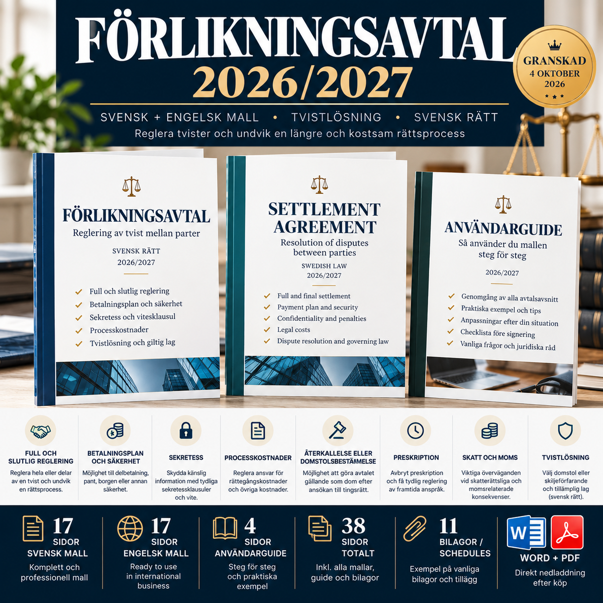 Förlikningsavtal 2026/2027 med betalningsplan, sekretess, rättegångskostnader, preskription, stadfästelse och verkställighet