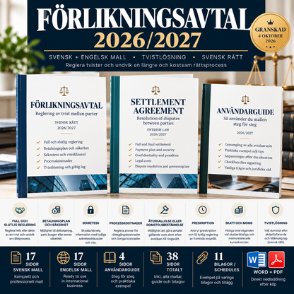 Förlikningsavtal 2026/2027 med betalningsplan, sekretess, rättegångskostnader, preskription, stadfästelse och verkställighet
