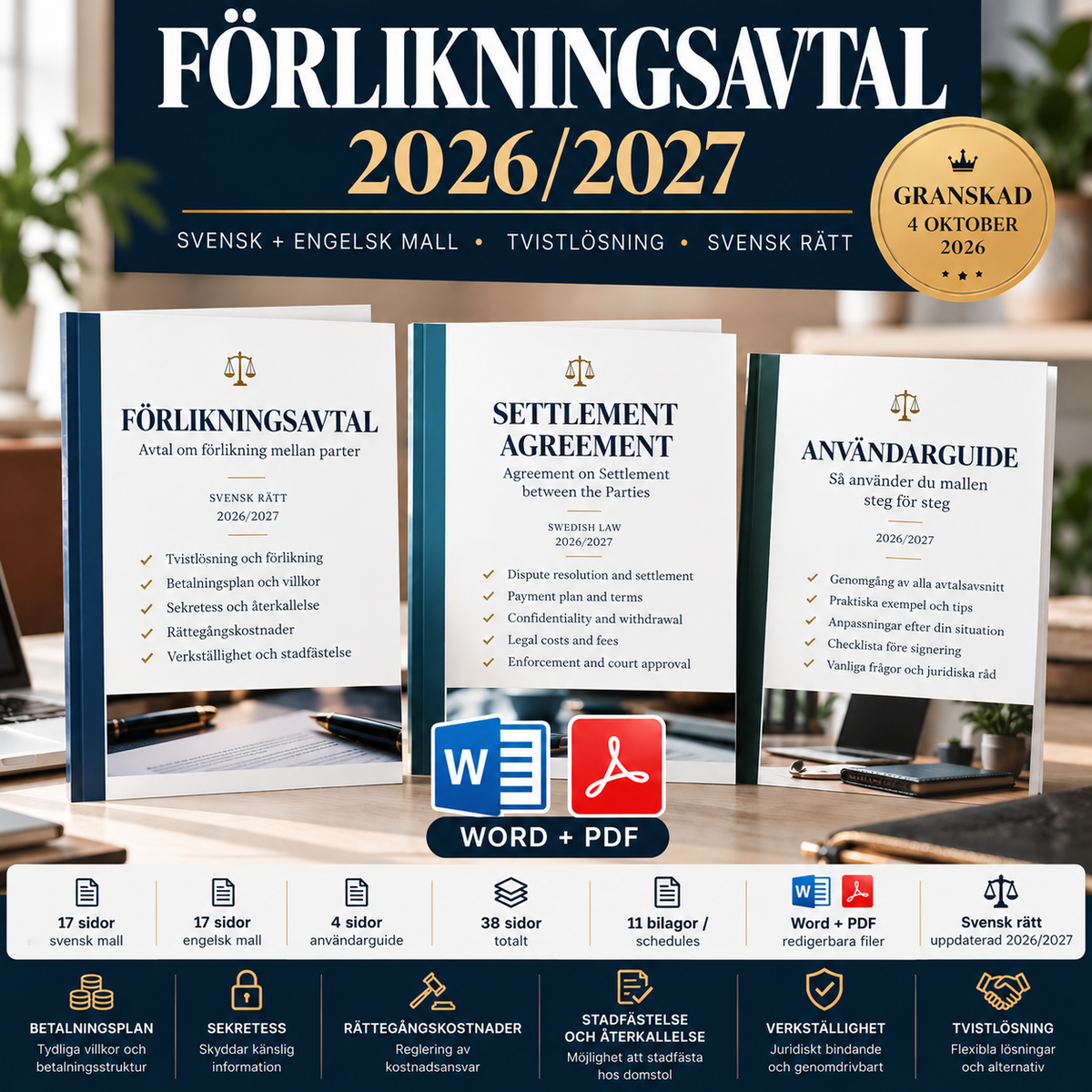 Förlikningsavtal mallpaket med 38 sidor, 11 bilagor, svensk och engelsk mall samt användarguide
