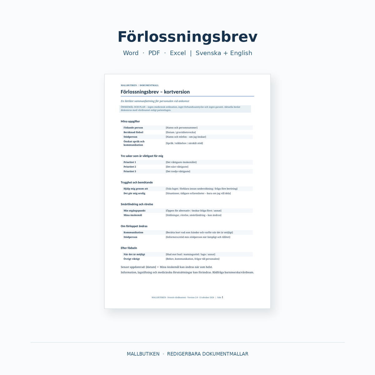 Förlossningsbrev mall svenska och engelska Word PDF Excel med guider – minimalistisk dokumentförhandsvisning