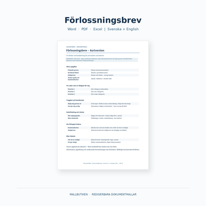 Förlossningsbrev mall svenska och engelska Word PDF Excel med guider – minimalistisk dokumentförhandsvisning