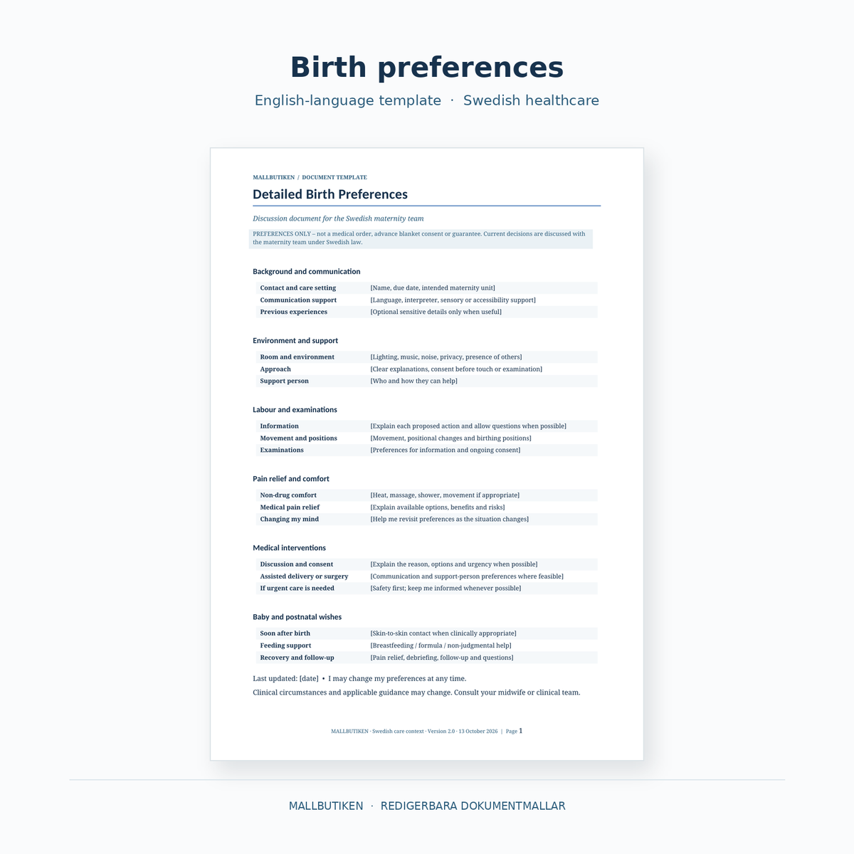 Birth preferences in English – actual Word and PDF birth plan preview for Swedish maternity care