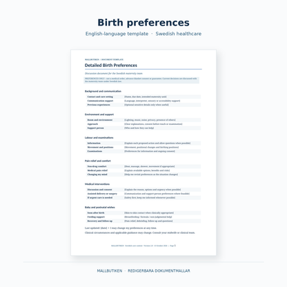 Birth preferences in English – actual Word and PDF birth plan preview for Swedish maternity care