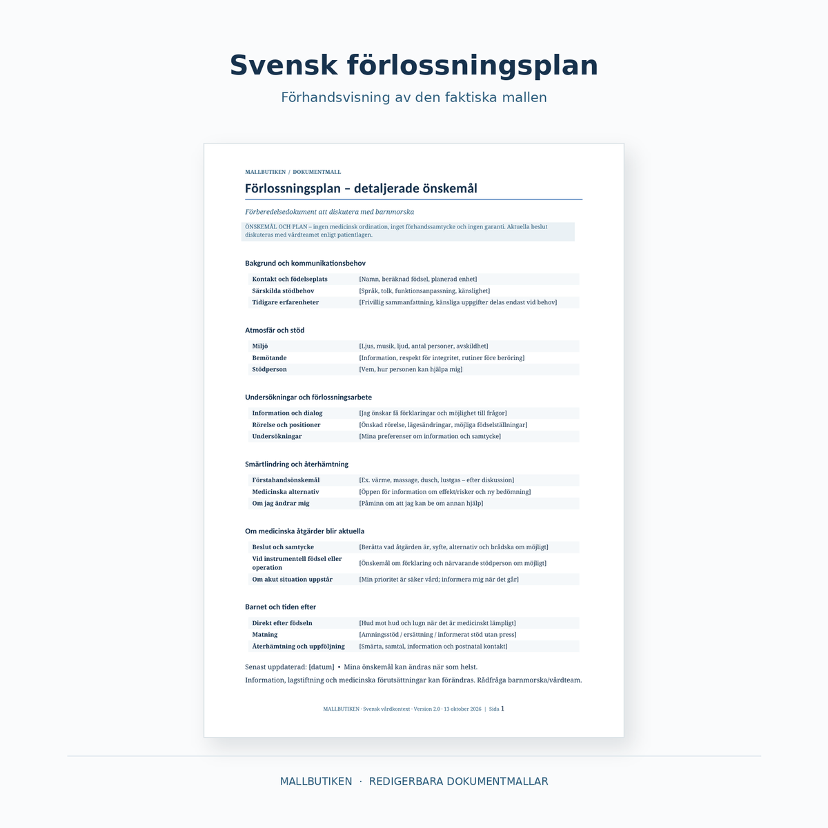 Förlossningsplan på svenska – förhandsvisning av faktisk Word- och PDF-mall för födande