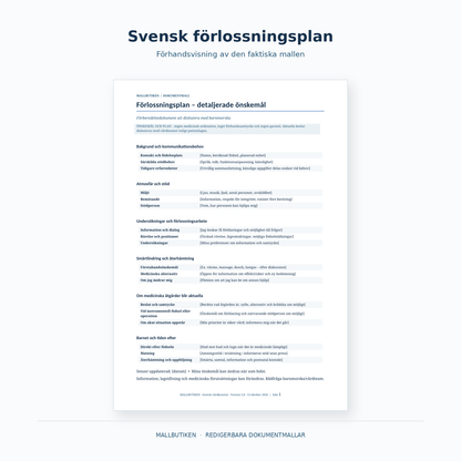 Förlossningsplan på svenska – förhandsvisning av faktisk Word- och PDF-mall för födande