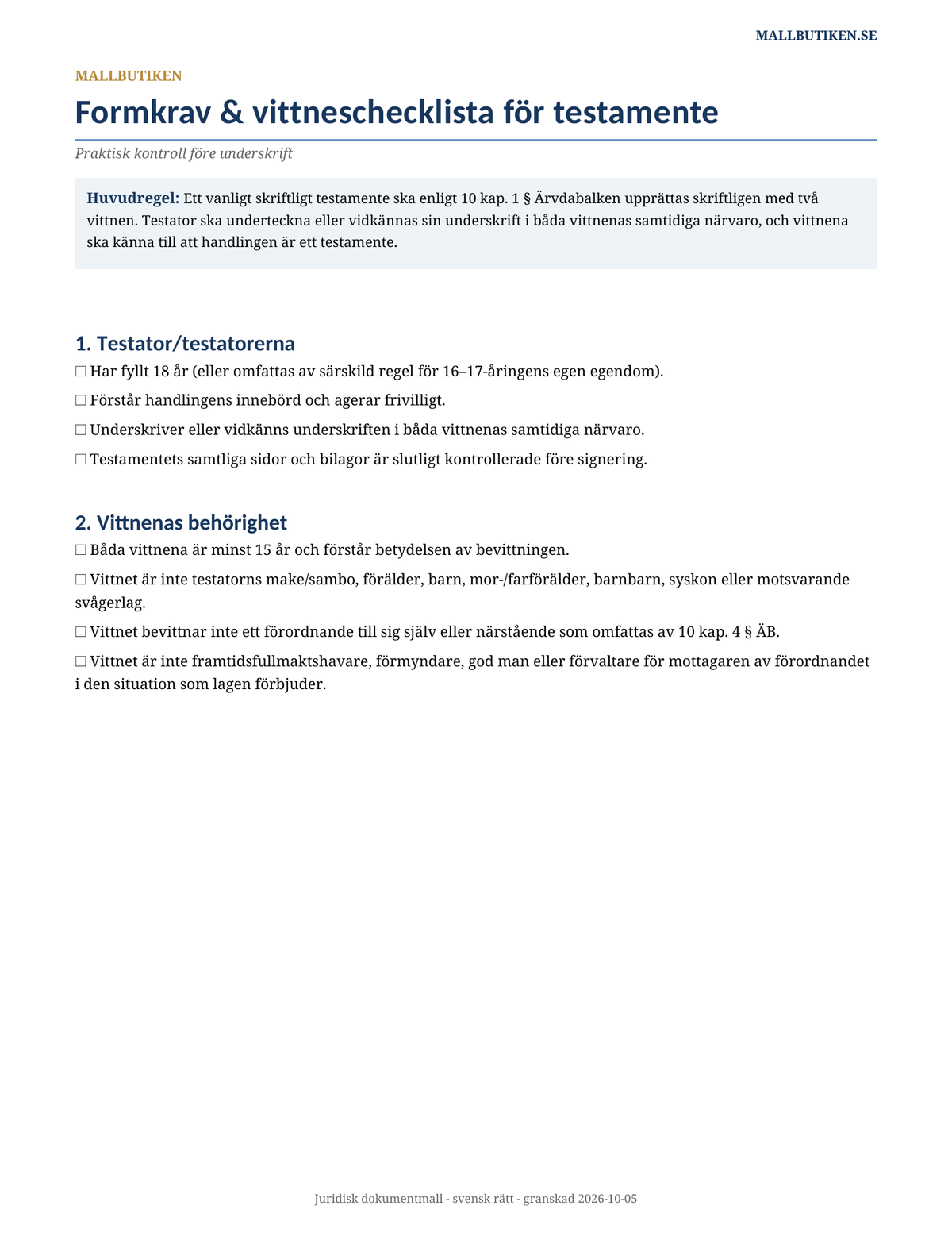 Formkrav vittneschecklista testamente 2026/2027 två vittnen Ärvdabalken