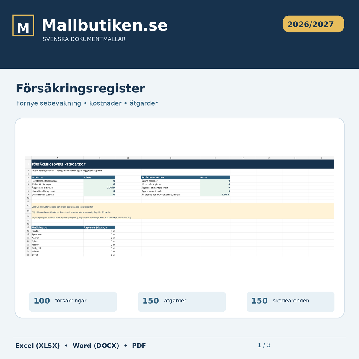 Försäkringsregister 2026/2027 – Excel Word PDF och digitalt mallpaket