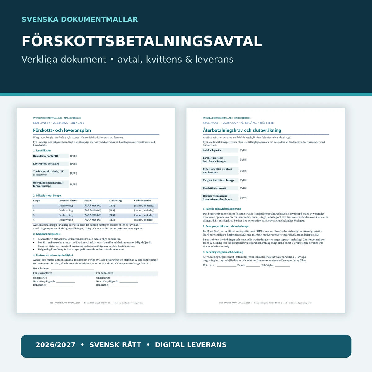 Förhandsvisning av verkliga dokument: förskotts- och leveransplan samt återbetalningskrav i Word och PDF