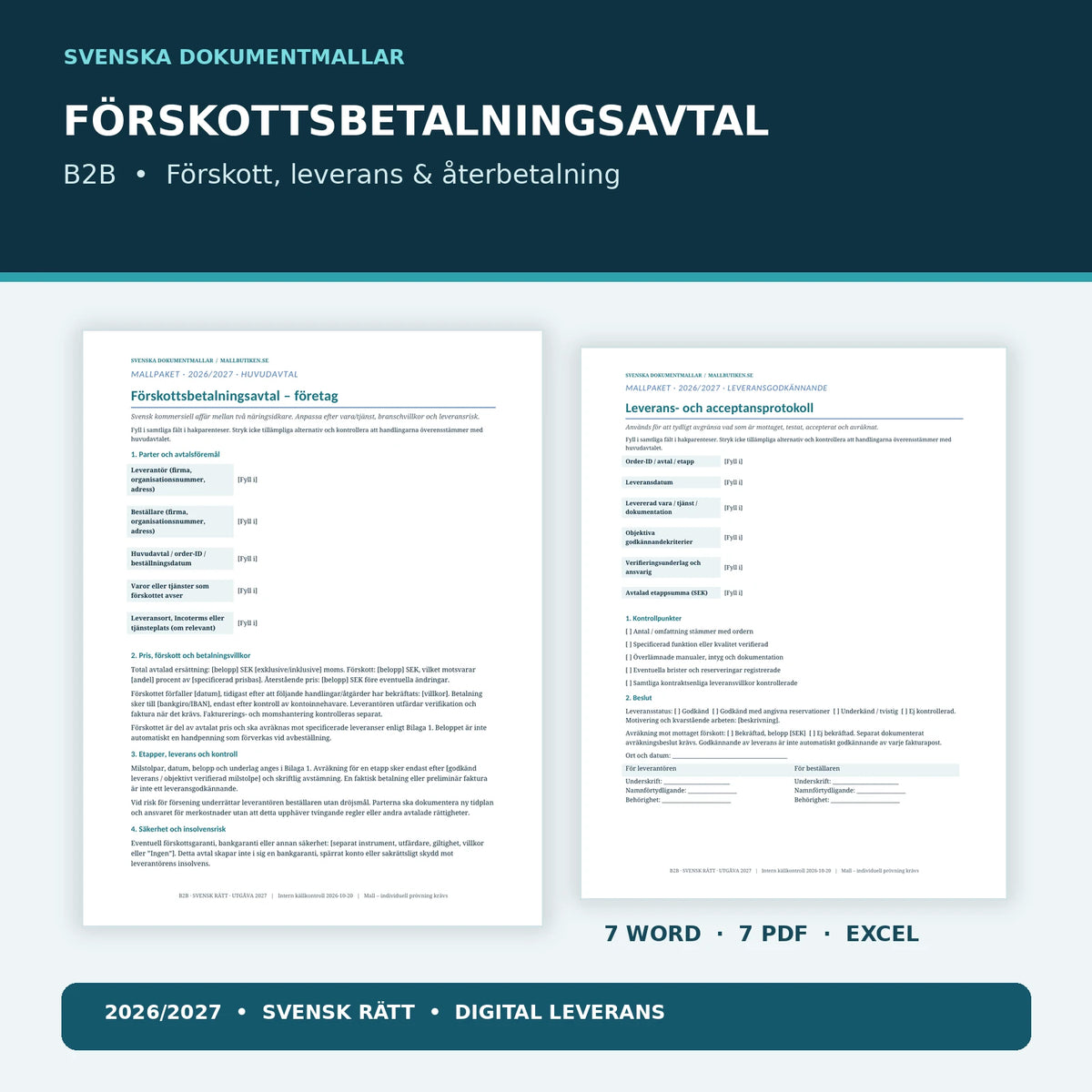 Förskottsbetalningsavtal B2B 2027 – redigerbara Wordmallar, sökbara PDF och Excel med nio flikar
