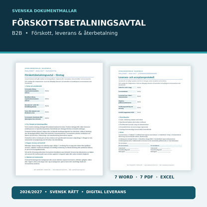 Förskottsbetalningsavtal B2B 2027 – redigerbara Wordmallar, sökbara PDF och Excel med nio flikar