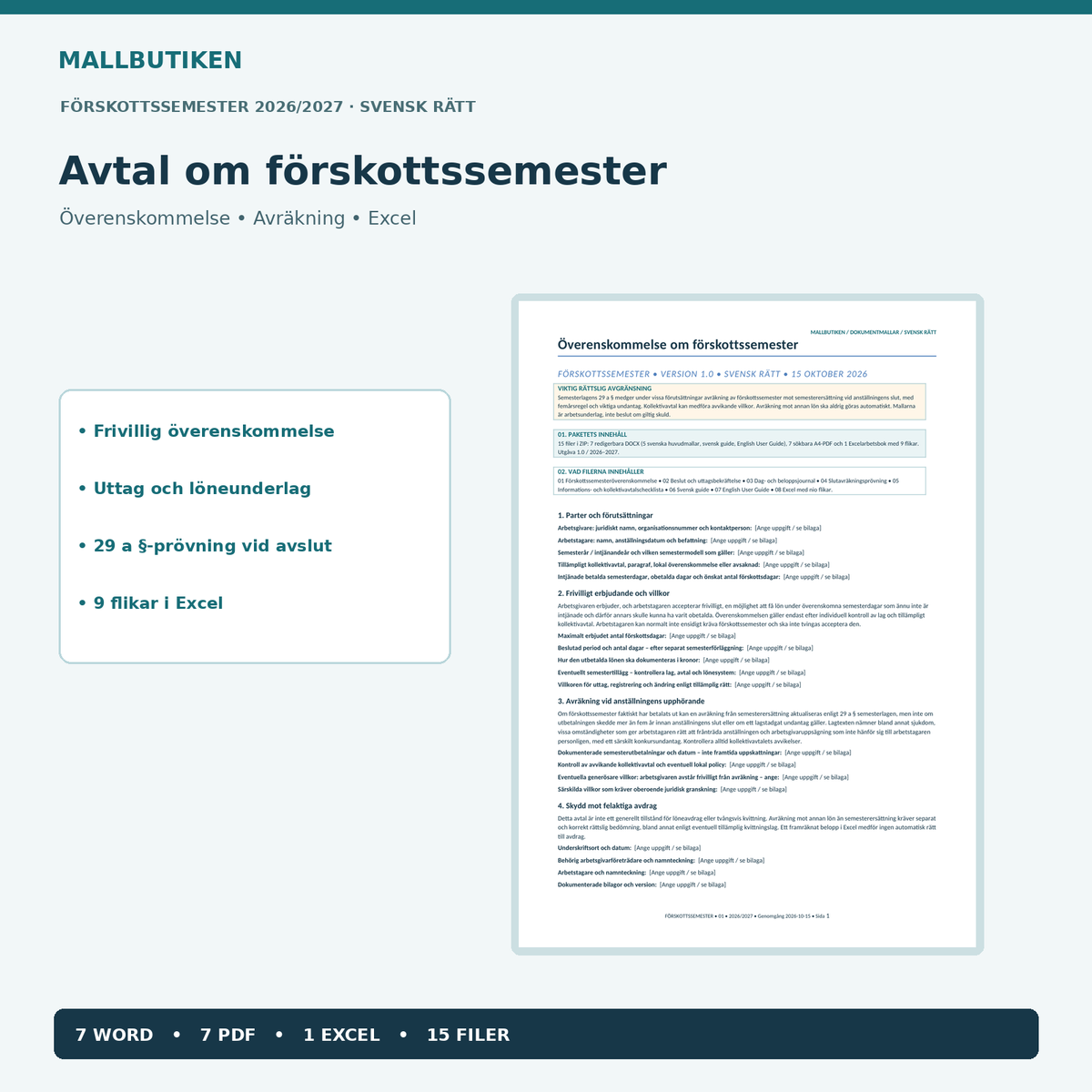 Förskottssemester mall Word PDF Excel 2027 med avtalsförhandsvisning