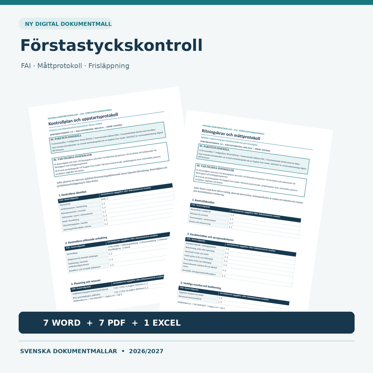 Förstastyckskontroll FAI mall: 7 Word, 7 PDF och 1 Excel, verkliga dokumentvyer