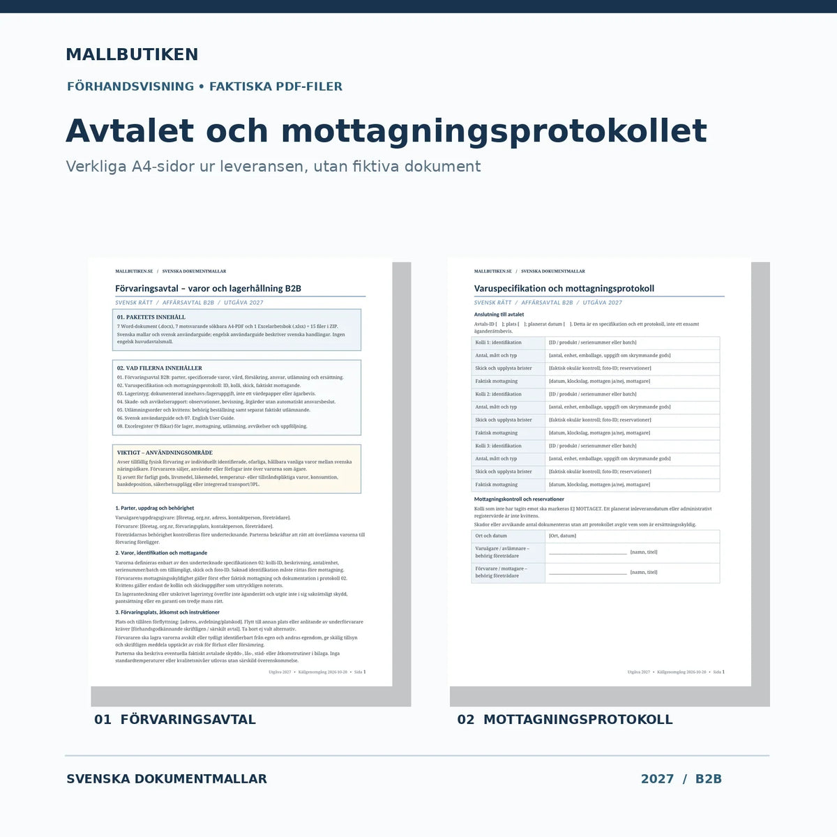 Förhandsvisning av verkliga PDF-sidor för förvaringsavtal och varumottagningsprotokoll B2B