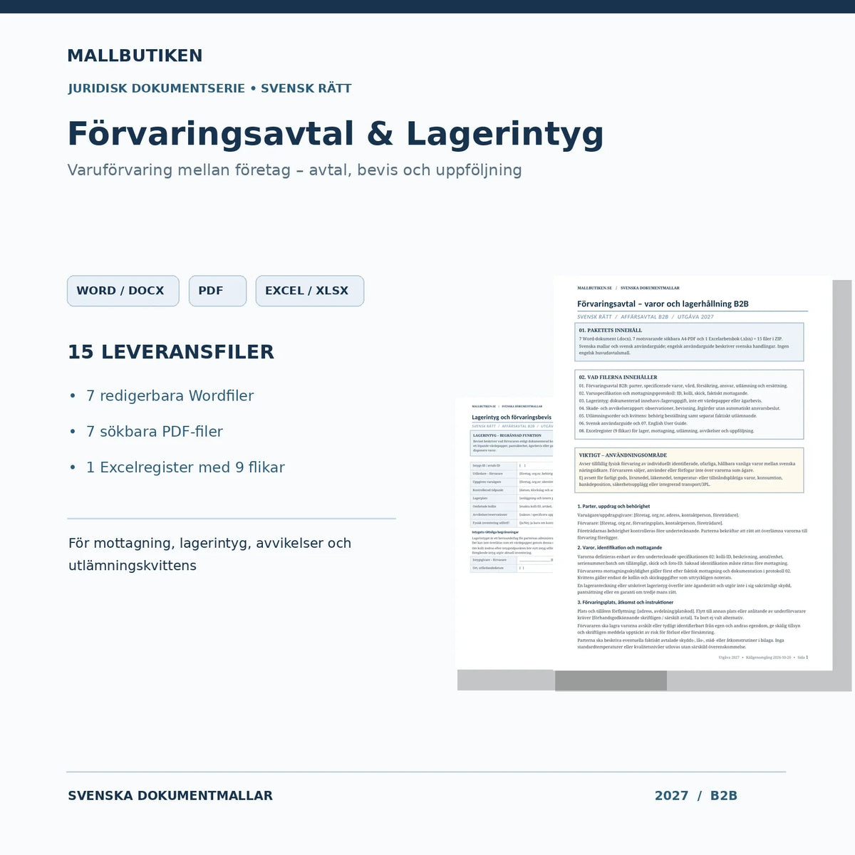 Förvaringsavtal och lagerintyg 2027 – Word-, PDF- och Excelmallar med verklig avtalsförhandsvisning