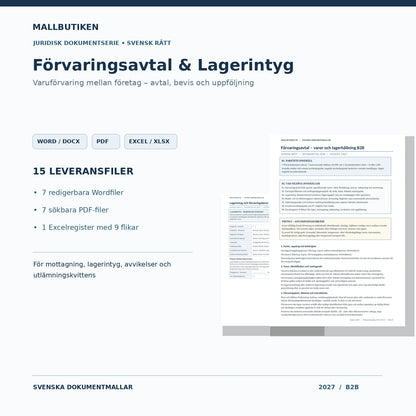 Förvaringsavtal och lagerintyg 2027 – Word-, PDF- och Excelmallar med verklig avtalsförhandsvisning